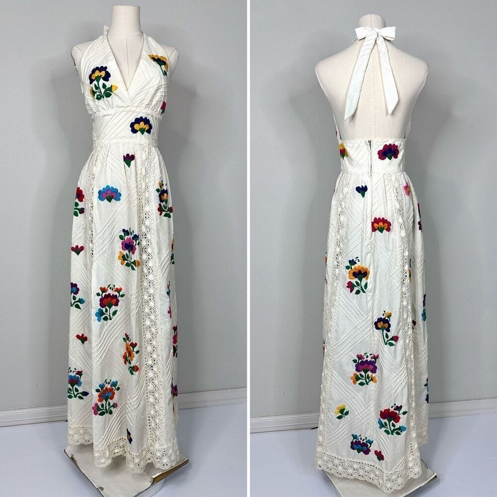 Vintage 70s Mexican Embroidered Halter Maxi Dress Sz S Crochet Lace Boho Cottage - Picture 2 of 13